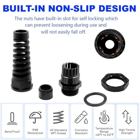 Strain Relief Cord Connector, 8Pcs Combinations NPT 1/2" NPT1/4'' NPT3/4'' NPT3/8'' IP68 Waterproof Cable Gland Flex Spiral Strain Relief Adjustable Cable Connector Nylon Joint with Gaskets(Black) in Saudi Arabia
