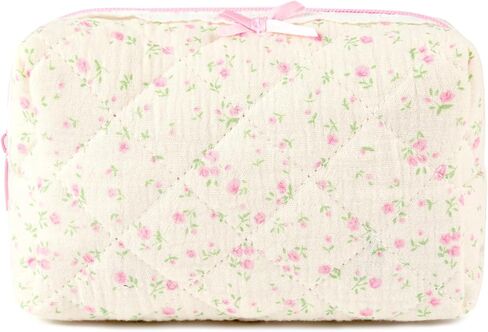 حقيبة مكياج مبطنة من SOIDRAM، حقيبة مستحضرات تجميل زهرية، حقيبة مكياج منتفخة، حقيبة جمالية لطيفة وردية للسفر، منظم حقيبة تخزين فرش المكياج القطنية للنساء in Kuwait