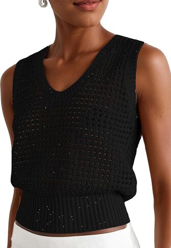 Women's Crochet Sequins Sweater Tanks Summer Lightweight Tops Bohemian Sleeveless Hollow Out Beach Knitted Vests in Kuwait