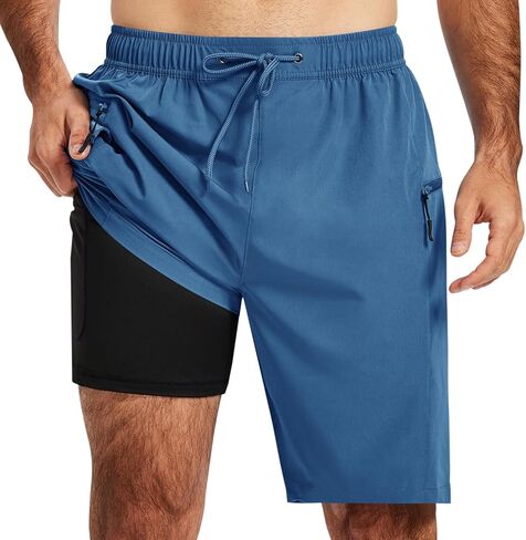 MoFiz Men's Swim Trunks with Compression Liner 9" Quick Dry Men's Broad Beach Shorts Stretch Men's Bathing Suits Swimwear in Kuwait