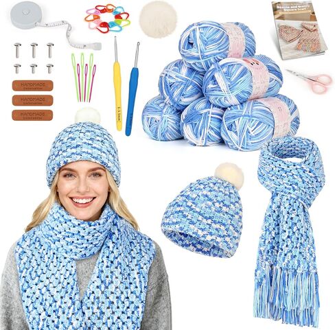 Katech Crochet Kit for Beginners-Crochet Kit للبالغين والأطفال يتعلمون قبعة Beanie Crochet Granny Square ، مجموعة كاملة لممارسة وشاح مع تعليمات خطوة بخطوة 8 مزيج من خيوط Lightblue in Kuwait