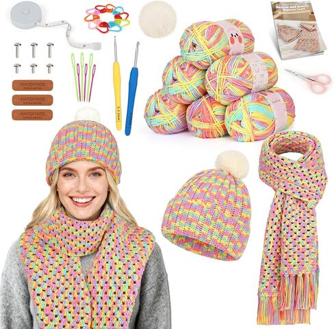 Katech Crochet Kit for Beginners-Crochet Kit للبالغين والأطفال يتعلمون قبعة Beanie Crochet Granny Square ، مجموعة كاملة لممارسة وشاح مع تعليمات خطوة بخطوة 8 مزيج من خيوط Lightblue in Saudi Arabia