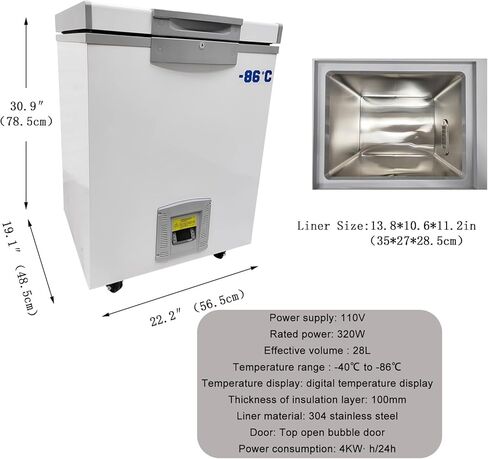 صندوق تخزين بدرجة حرارة منخفضة للغاية -86 درجة مئوية، ثلاجة مختبر سعة 28 لترًا، تحكم رقمي في درجة الحرارة، بطانة من الفولاذ المقاوم للصدأ 304 للمأكولات البحرية، العينات البيولوجية، المختبرات in Kuwait