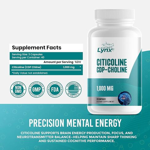 Citicoline 1000 mg (CDP Choline) Capsules – 120 Count – CDP Choline Supplement for Brain, Focus & Memory Support – Nootropic Choline Supplement – Non-GMO, ISO-Certified in Kuwait