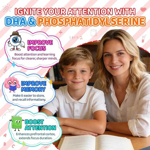 Choline Gummies for Kids & Adults, Choline Supplements 500mg with DHA, Phosphatidylserine for Brain Health, Focus, Immune Support, Sugar-Free, Vegan, Strawberry Flavor, 60 Gummies in Kuwait