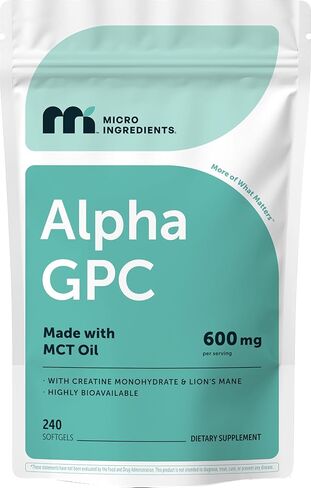 Micro Ingredients Alpha GPC 600mg per Serving with MCT Oil, 240 Softgels – Bioavailable Choline Supplement with Creatine Monohydrate & Lion’s Mane – Non‑GMO, cGMP Manufactured in Saudi Arabia