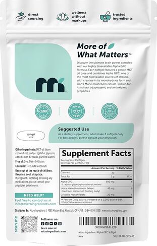 Micro Ingredients Alpha GPC 600mg per Serving with MCT Oil, 240 Softgels – Bioavailable Choline Supplement with Creatine Monohydrate & Lion’s Mane – Non‑GMO, cGMP Manufactured in Saudi Arabia