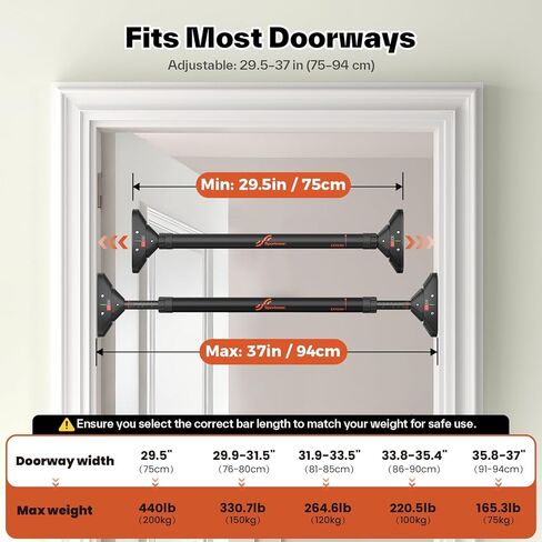 Sportneer Pull Up Bar: Strength Training Chin up Bar No Screws - Adjustable 29.5''-37''(75-94cm) Width Locking Mechanism Pull up Bar for Doorway - Max Load 440lbs for Home Gym Upper Body Workout, Non-slip in Saudi Arabia