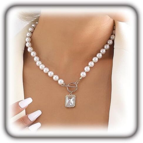 Gold Pearl Crystal Pendant Necklace for Women,Silver Pearl Beaded Large Square Rhinestone OT Clasp Choker Necklace Fashion Punk Necklace in Kuwait