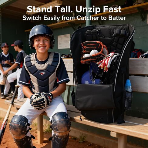 Catchers Gear Bag with Wheels, Large Rolling Baseball Equipment Bag for Helmet, Bats, Cleats and Catcher Gear, Durable Polyester for Youth and Adults, Black in Kuwait