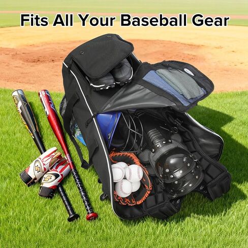 Catchers Gear Bag with Wheels, Large Rolling Baseball Equipment Bag for Helmet, Bats, Cleats and Catcher Gear, Durable Polyester for Youth and Adults, Black in Kuwait
