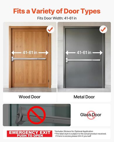 VEVOR Push Bar Panic Exit Device, 41" Stainless Steel Commercial Panic Bar for Exit Doors, Emergency Exit Door Hardware with Exterior Lever Handle and 6 Keys, for 41"-61" Wood or Metal Door, Silver in Saudi Arabia