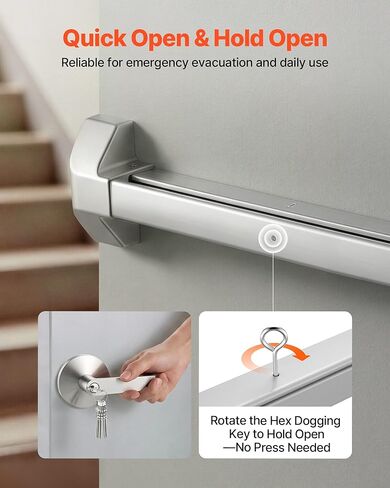 VEVOR Push Bar Panic Exit Device, 41" Stainless Steel Commercial Panic Bar for Exit Doors, Emergency Exit Door Hardware with Exterior Lever Handle and 6 Keys, for 41"-61" Wood or Metal Door, Silver in Saudi Arabia