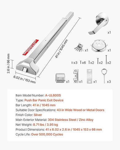 VEVOR Push Bar Panic Exit Device, 41" Stainless Steel Commercial Panic Bar for Exit Doors, Emergency Exit Door Hardware with Exterior Lever Handle and 6 Keys, for 41"-61" Wood or Metal Door, Silver in Saudi Arabia
