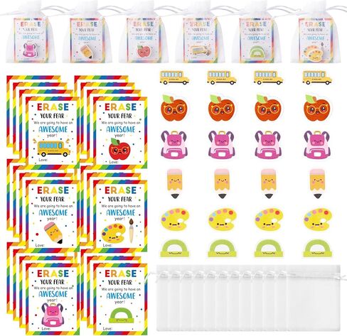 ANGOLIO Back to School Mini Erasers Set - 24 Packs Cute Inspirational 3D Pencil Erasers Bulk Cards Organza Bags for Kids Classroom Rewards, Kindergarten Reward Student Gift Writing Correction Supplies in Saudi Arabia
