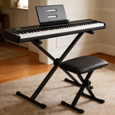 مقعد لوحة المفاتيح مبطن على شكل X، مقعد بيانو قابل للطي وقابل للتعديل، قطن مقاوم للهب، تصميم مانع للانزلاق (15.75 بوصة × 11.81 بوصة × 1.96 بوصة) in Kuwait