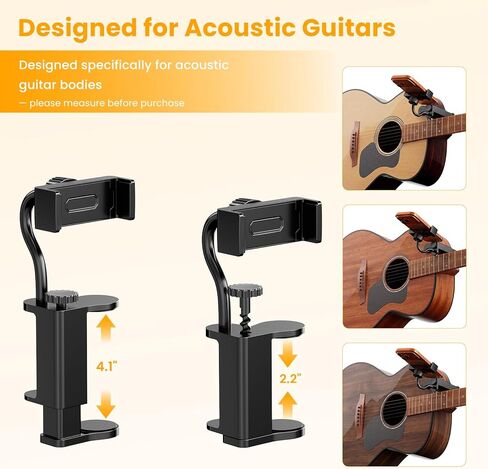 حامل هاتف جيتار للصوت/الكلاسيكي/القيثارة - حامل محكم لتسجيل الفيديو/البث/الدروس، يناسب جسم سميك 2.4 بوصة - 4.1 بوصة (ليس للكهرباء) in Kuwait