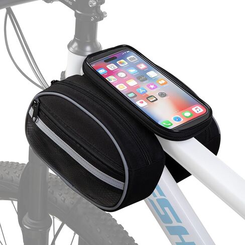 Bike Frame Bag with Detachable Touchscreen Phone Window, 4 Zipper Pockets, Bicycle Handlebar Bag with Night Reflective Strips, Black in Kuwait