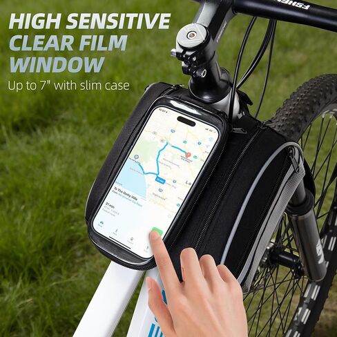 Bike Frame Bag with Detachable Touchscreen Phone Window, 4 Zipper Pockets, Bicycle Handlebar Bag with Night Reflective Strips, Black in Kuwait