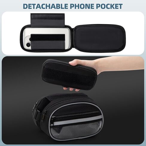 Bike Frame Bag with Detachable Touchscreen Phone Window, 4 Zipper Pockets, Bicycle Handlebar Bag with Night Reflective Strips, Black in Kuwait