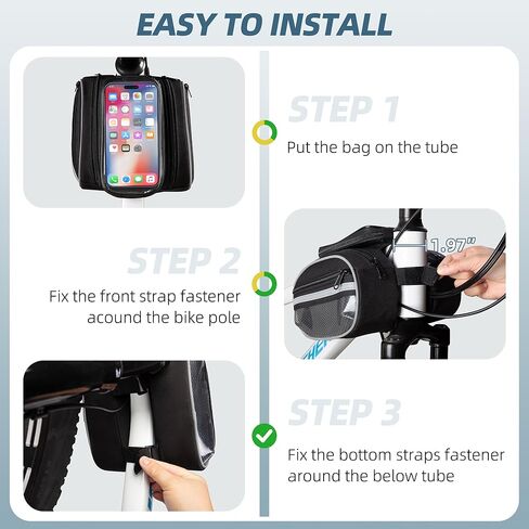 Bike Frame Bag with Detachable Touchscreen Phone Window, 4 Zipper Pockets, Bicycle Handlebar Bag with Night Reflective Strips, Black in Kuwait