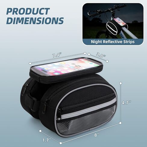 Bike Frame Bag with Detachable Touchscreen Phone Window, 4 Zipper Pockets, Bicycle Handlebar Bag with Night Reflective Strips, Black in Kuwait