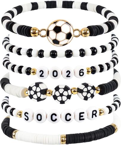 هدايا كرة القدم للفتيات والأولاد والنساء - أساور كرة القدم 2026 ليوم اللعبة - مصنوعة يدويًا باللون الأسود والأبيض من هيشي مطرزة بالخرز وسوار قابل للتمدد هدية للفريق لمحبي اللاعبين، هدايا الحفلات الرياضية in Kuwait