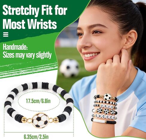 هدايا كرة القدم للفتيات والأولاد والنساء - أساور كرة القدم 2026 ليوم اللعبة - مصنوعة يدويًا باللون الأسود والأبيض من هيشي مطرزة بالخرز وسوار قابل للتمدد هدية للفريق لمحبي اللاعبين، هدايا الحفلات الرياضية in Kuwait