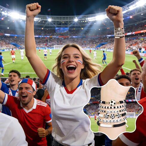 هدايا كرة القدم للفتيات والأولاد والنساء - أساور كرة القدم 2026 ليوم اللعبة - مصنوعة يدويًا باللون الأسود والأبيض من هيشي مطرزة بالخرز وسوار قابل للتمدد هدية للفريق لمحبي اللاعبين، هدايا الحفلات الرياضية in Kuwait