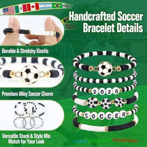 هدايا كرة القدم للفتيات والأولاد والنساء - أساور كرة القدم 2026 ليوم اللعبة - مصنوعة يدويًا باللون الأسود والأبيض من هيشي مطرزة بالخرز وسوار قابل للتمدد هدية للفريق لمحبي اللاعبين، هدايا الحفلات الرياضية in Kuwait