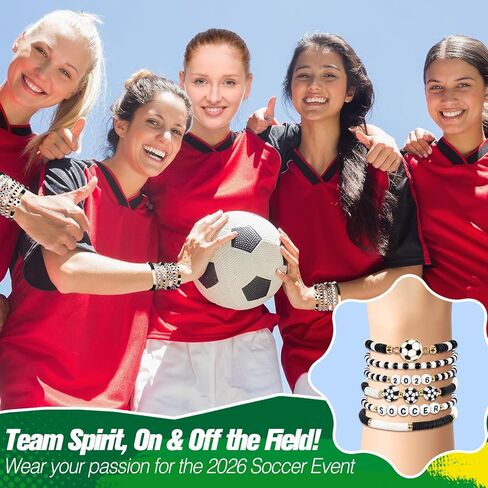 هدايا كرة القدم للفتيات والأولاد والنساء - أساور كرة القدم 2026 ليوم اللعبة - مصنوعة يدويًا باللون الأسود والأبيض من هيشي مطرزة بالخرز وسوار قابل للتمدد هدية للفريق لمحبي اللاعبين، هدايا الحفلات الرياضية in Kuwait