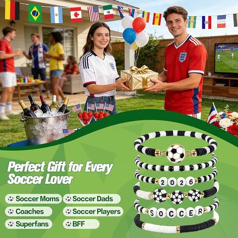 هدايا كرة القدم للفتيات والأولاد والنساء - أساور كرة القدم 2026 ليوم اللعبة - مصنوعة يدويًا باللون الأسود والأبيض من هيشي مطرزة بالخرز وسوار قابل للتمدد هدية للفريق لمحبي اللاعبين، هدايا الحفلات الرياضية in Kuwait