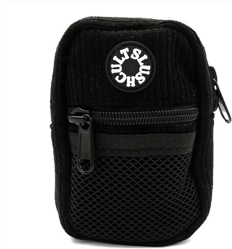 SLUSHCULT Corduroy Mini Side Bag – Black Compact 5" x 3.25" Crossbody with Multiple Pockets, Durable D-Ring Attachment, PVC Rubber Logo, Perfect for Fingerboards & Essentials in Saudi Arabia