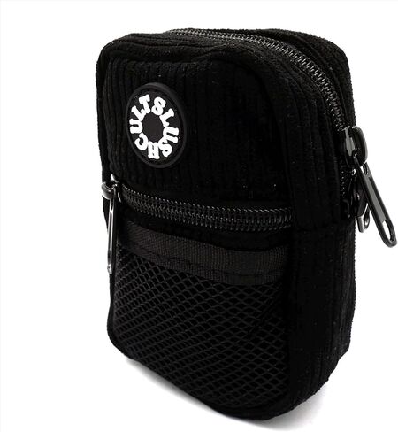 SLUSHCULT Corduroy Mini Side Bag – Black Compact 5" x 3.25" Crossbody with Multiple Pockets, Durable D-Ring Attachment, PVC Rubber Logo, Perfect for Fingerboards & Essentials in Saudi Arabia
