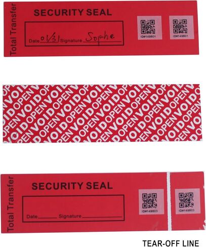 50pcs 1.4" x 4.8" Precut Fluorescent Tamper Evident Void Security Stickers/Labels/Seals/Tapes with Serialized QR Barcode (Red, Tear-Off Line, 100% Total Transfer Type) in Kuwait