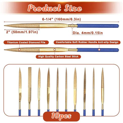 10PCS Titanium Small Diamond Needle File Set, 4x160mm Small Metal Riffler Files, Mini File Set Hand Tools, Miniature and Model Files for Jewlery Metal Glass Stone Grinding, Polishing and Engraving in Saudi Arabia
