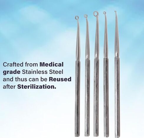 A2Z Scilab ENT لوازم مجارف الأذن | الآلات المنحنية الحادة | مثالية لإزالة تراكم شمع الأذن بشكل آمن | أدوات تنظيف الأذن من الفولاذ المقاوم للصدأ - عبوة من 5 قطع in Kuwait