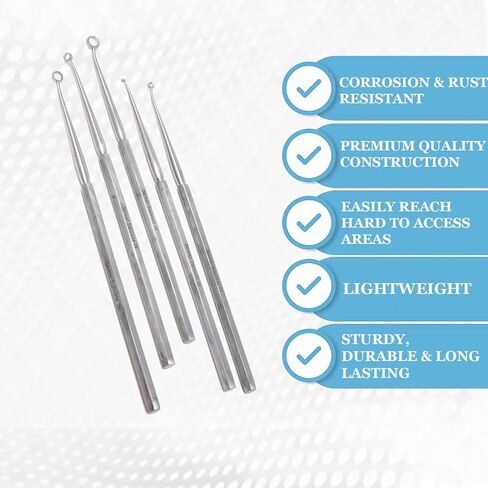 A2Z Scilab ENT لوازم مجارف الأذن | الآلات المنحنية الحادة | مثالية لإزالة تراكم شمع الأذن بشكل آمن | أدوات تنظيف الأذن من الفولاذ المقاوم للصدأ - عبوة من 5 قطع in Kuwait