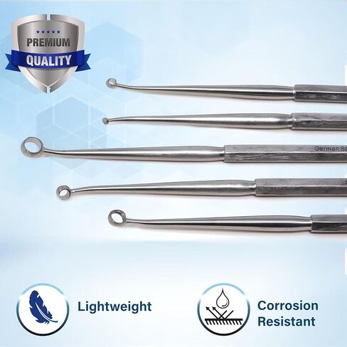 A2Z Scilab ENT لوازم مجارف الأذن | الآلات المنحنية الحادة | مثالية لإزالة تراكم شمع الأذن بشكل آمن | أدوات تنظيف الأذن من الفولاذ المقاوم للصدأ - عبوة من 5 قطع in Kuwait