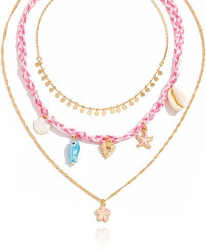 Fish Necklace for Women Handmade Beaded Y Pendant Necklace Colorful Summer Beach Boho Layering Choker Necklaces in Kuwait