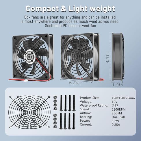 2 حزمة مروحة مقاومة للماء IP67، 120 مم × 25 مم مروحة 12 فولت لثلاجة RV، الدفيئة، الخزانات، الحاضنة وتبريد المشروع بنفسك in Kuwait