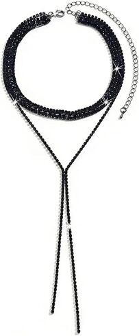 Silver Rhinestone Necklace for Women Layered Black Cubic Zirconia Choker Necklaces Set Sparkly Long Y Lariat Necklaces Trendy Prom Party Jewelry Gifts in Kuwait