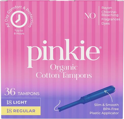 سدادات قطنية عضوية من بينكي للمراهقين والبالغين - مصنوعة من القطن بنسبة 100% تتكيف مع جسمك - أداة توزيع رفيعة خالية من مادة BPA لإدخال مريح - خالية من الكلور والعطور والصبغات والرايون - خفيفة/عادية، 36 قطعة in Kuwait