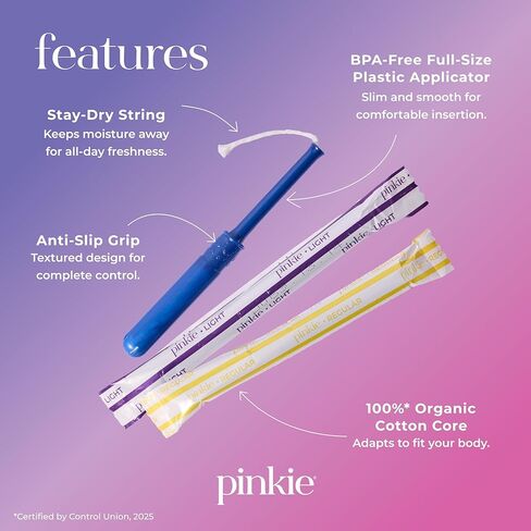 سدادات قطنية عضوية من بينكي للمراهقين والبالغين - مصنوعة من القطن بنسبة 100% تتكيف مع جسمك - أداة توزيع رفيعة خالية من مادة BPA لإدخال مريح - خالية من الكلور والعطور والصبغات والرايون - خفيفة/عادية، 36 قطعة in Kuwait