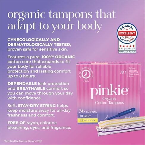 سدادات قطنية عضوية من بينكي للمراهقين والبالغين - مصنوعة من القطن بنسبة 100% تتكيف مع جسمك - أداة توزيع رفيعة خالية من مادة BPA لإدخال مريح - خالية من الكلور والعطور والصبغات والرايون - خفيفة/عادية، 36 قطعة in Kuwait