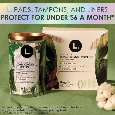 L. Tampons, Made with Organic Cotton, Super/Super Plus Absorbency, Multipack, Made Without Synthetic Pesticides, Rayon or Fragrances, Applicator Made Without BPA, Leak-Stopping Design, 36 Count in Kuwait