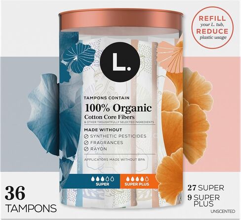 L. Tampons, Made with Organic Cotton, Super/Super Plus Absorbency, Multipack, Made Without Synthetic Pesticides, Rayon or Fragrances, Applicator Made Without BPA, Leak-Stopping Design, 36 Count in Kuwait