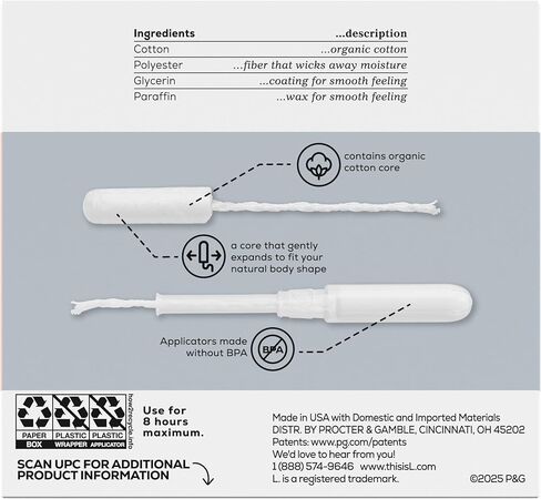 L. Tampons, Made with Organic Cotton, Super/Super Plus Absorbency, Multipack, Made Without Synthetic Pesticides, Rayon or Fragrances, Applicator Made Without BPA, Leak-Stopping Design, 36 Count in Kuwait