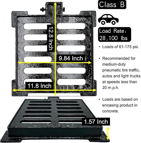 Cast Iron Drain Grate and Frame 10x10 in, B-Class 28100 lbs Heavy-Duty Driveway Channel Cover, Outdoor Trench Drainage Grate with Base, Square Metal Sewer Cover for Garage (True 9.8" ISL) in Saudi Arabia