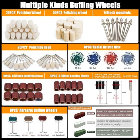 140 PCS Polishing Kit Compatible with Dremel Tools, Buffing Wheels Polishing Bits for Rotary Tool Accessories, 1/8 in Shank, 3Pcs Polishing Compound, Small Sanding Kit for Metal, Resin, Wood, Jewelry in Kuwait